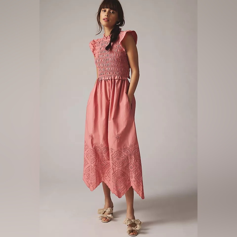 Moon River Pink Smocked Midi Dress with Eyelet Hem